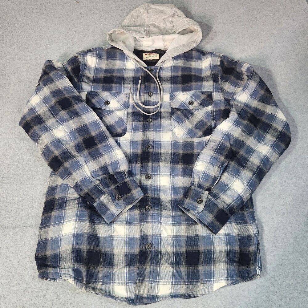 Wrangler Authentics Men’s Small Hooded Flannel Shirt Jacket Quilted Lined Blue